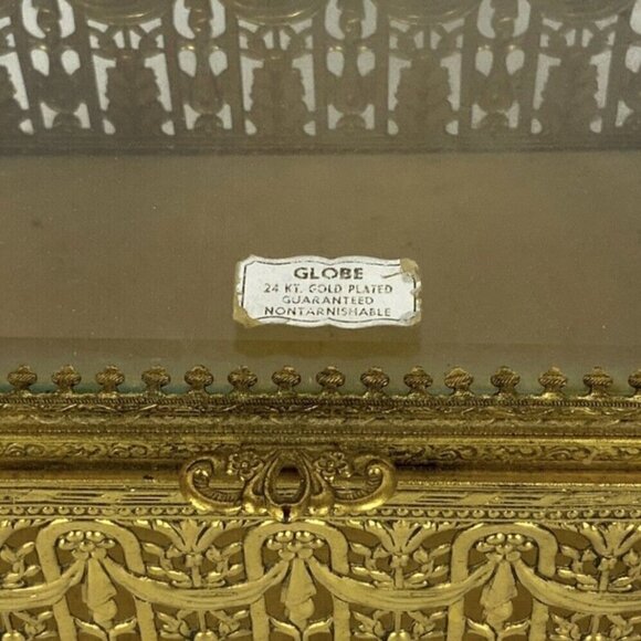 Globe 24kt Gold Plated Jewelry Trinket Box Ornate Filigree Gilt Glamour Vanity - Picture 8 of 8
